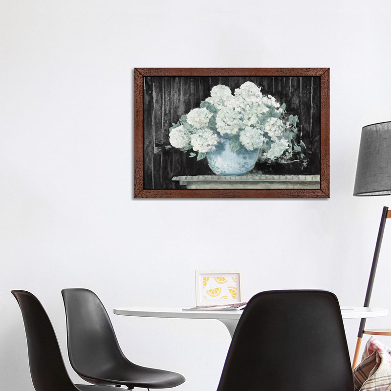 White Hydrangea On Black Crop - Painting on Canvas, 152.5 cm H x 101.5 cm W, Brown Floater Framed