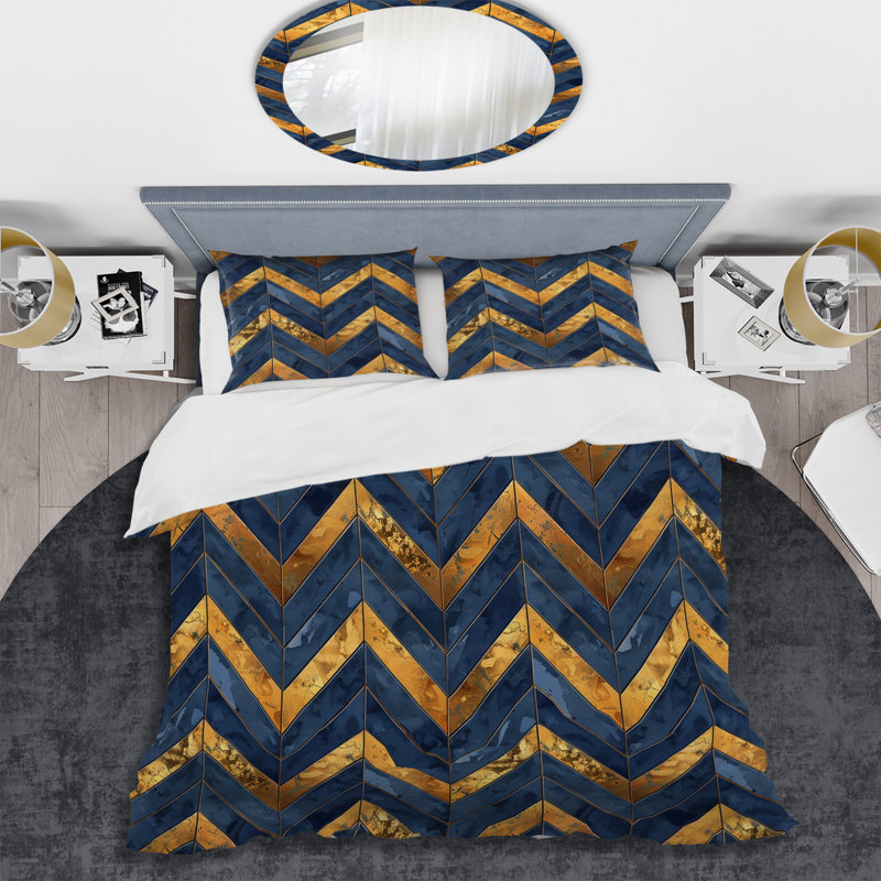 Ensemble de housse de couette moderne à motif de chevrons doré bleu Glam I, King Duvet Cover + 2 King Shams