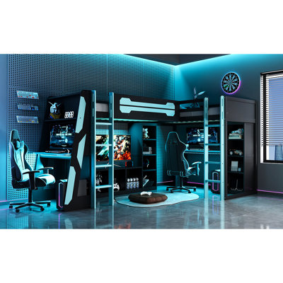 Lit simple en forme de L avec bandes à DEL, lits doubles, abris et rangement sous le lit, réversible pour différentes configurations de chambre - bleu, lumières de cadre de jeu en bois, espace de rangement, conception en bois massif