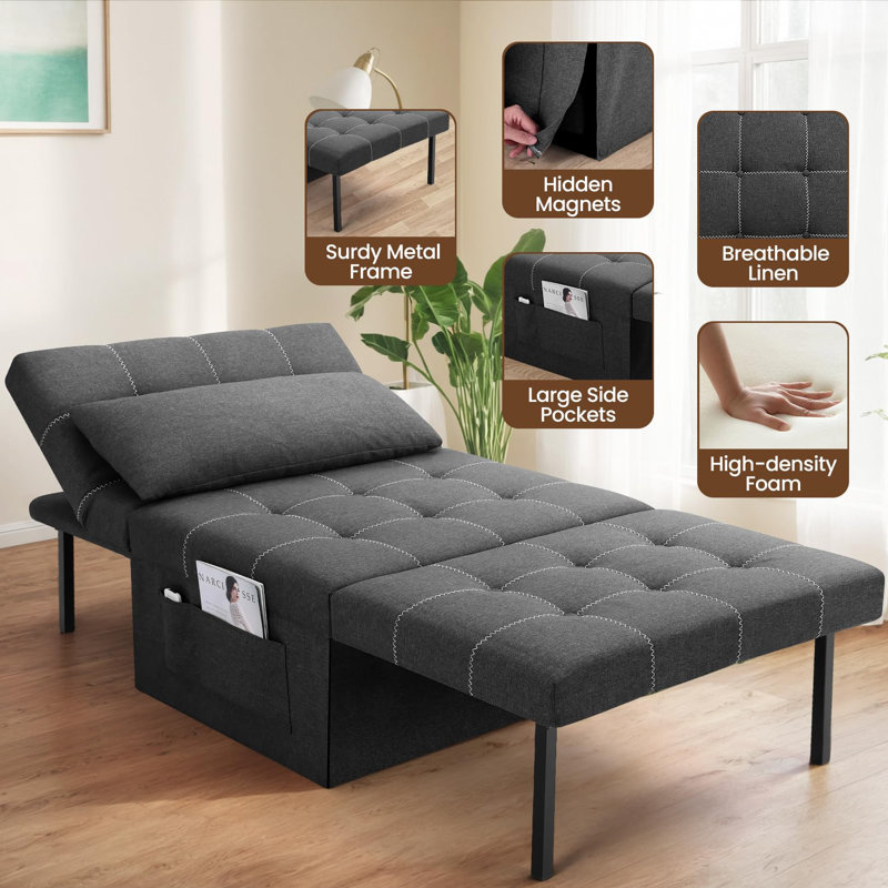 4-In-1 Multi-Function Folding Ottoman Breathable Linen Couch Bed With Adjustable Backrest & Pillow, Black