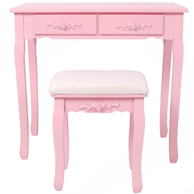 Ensemble de coiffeuse avec miroir et tabouret rembourré Pink Princess, coiffeuse en bois à 4 tiroirs pour chambre de fille, coiffeuse avec beaucoup de rangement