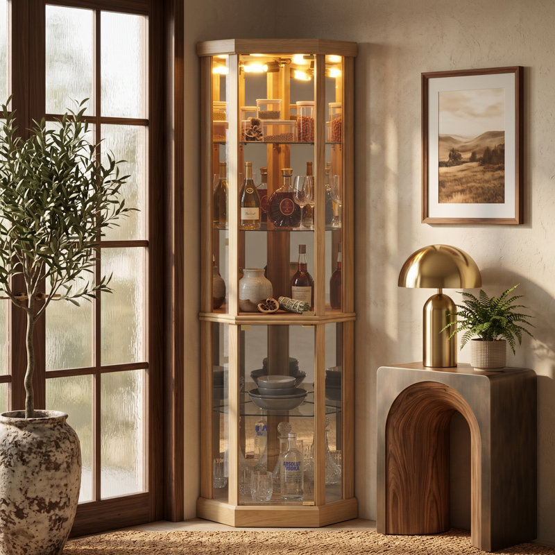 Vitrine de coin en chêne avec éclairage, Chêne