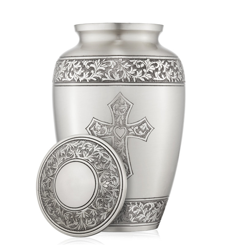 Decorative Full-sized Memorial Urn - Cross, Silver