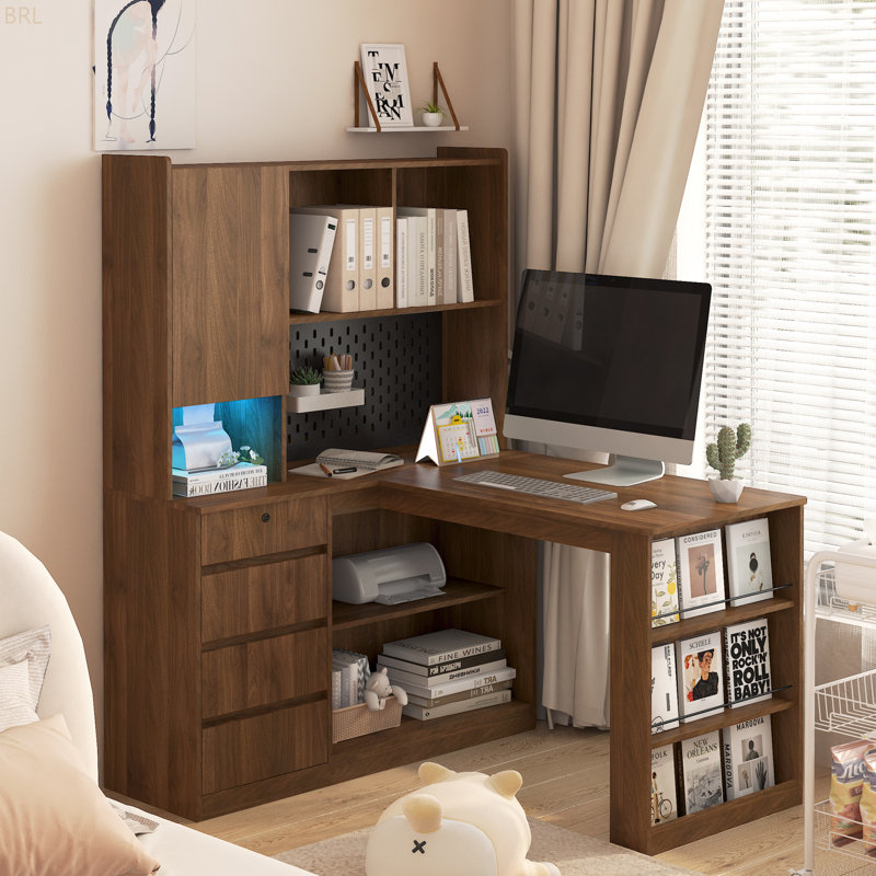 L-Shaped Computer Desk With Hutch And LED Light, Home Office Desk, Writing Desk, Corner Desk With Storage, Wood