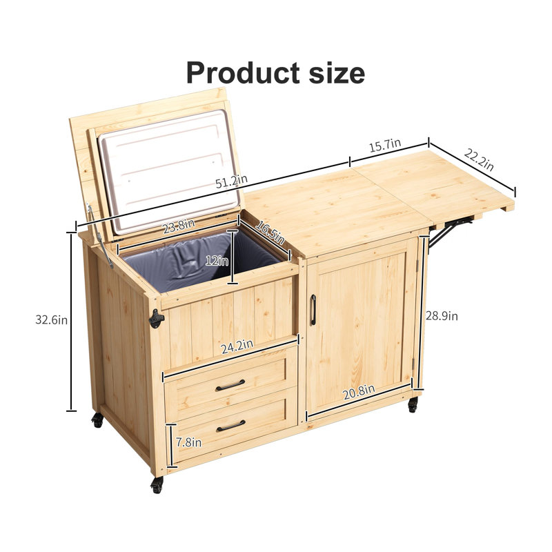 Îlot de cuisine extérieur avec rangement, isolation et roulettes verrouillables, bois massif, idéal pour les grillades dans la cour et les fêtes