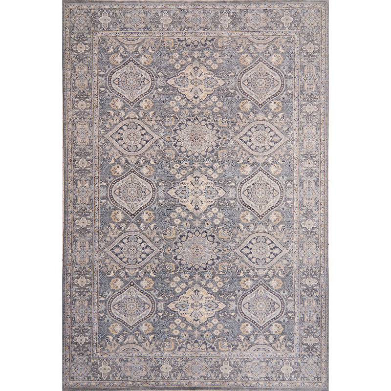 Tapis bleu clair / gris de haute qualité noué à la main
