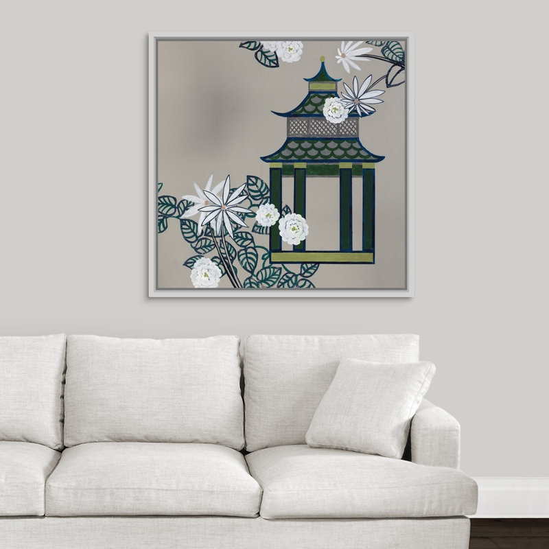 « pagode i », peinture sur toile, Cadre flottant blanc, H 37,7 po x l 37,7 po x p 1,75 po