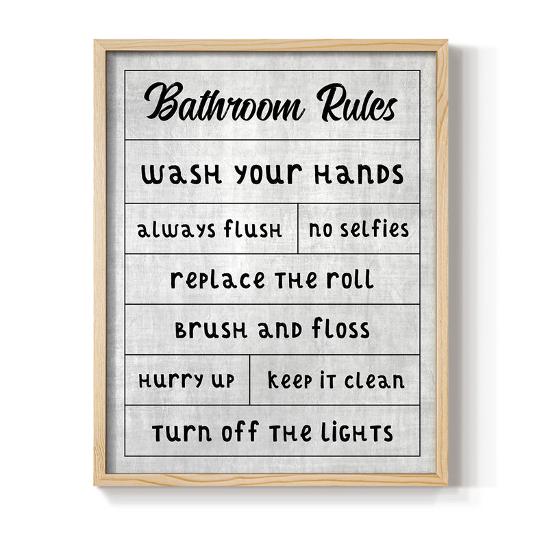 Simple Bathroom Rules Framed Print - Solid Wood, 11" H x 9" W, Natural