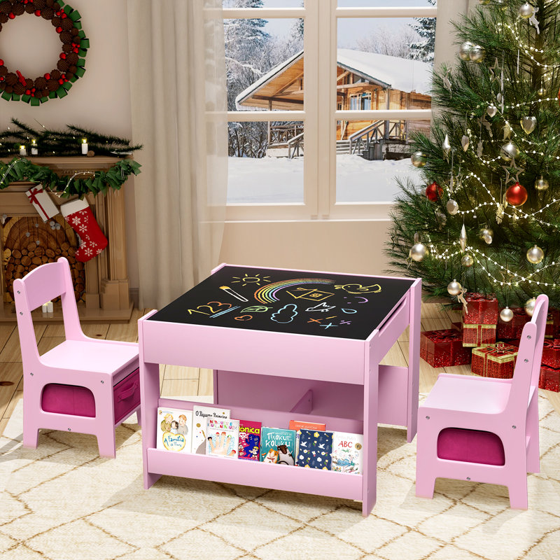 Kids Table And Chairs Set, 4 In 1 Toddler Art Desk With Storage Drawer, Wooden Activity Deskboard, Blackboard, Reversible & Detachable Tabletop, Bookshelf For Drawing, Playing, Learning(pink)