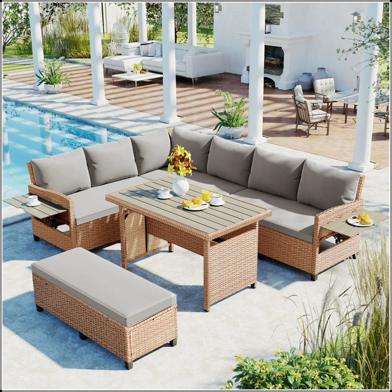 Ensemble de canapé de patio extérieur en rotin 5 pièces, ensemble de mobilier de jardin en forme de L en osier PE, Gris, Brun