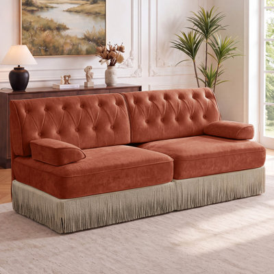 76.6" Velvet Upholstered Chesterfield Sofa with Tassel Fringe Skirt