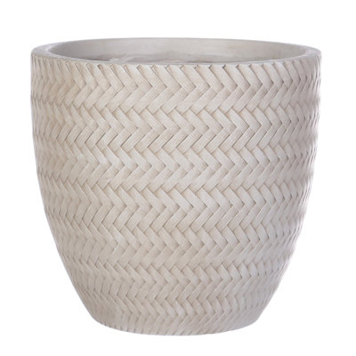 Concrete Effect Round Planter, Frostproof Outdoor Plant Pot with Plaited Pattern, Round Garden Planter with Drainage Holes