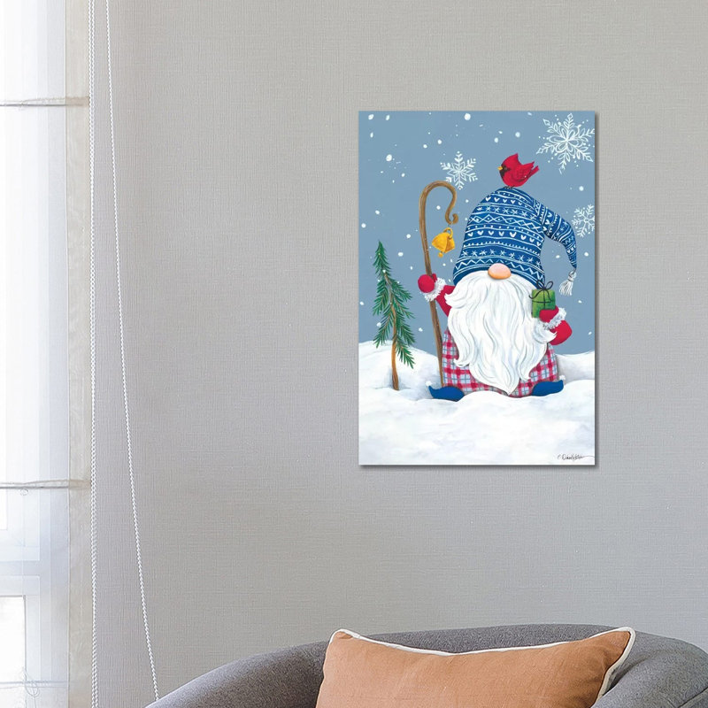 Snowy Gnome With Present by Diane Kater - Print on Canvas, 66.04 cm H x 45.72 cm W x 1.91 cm D, Wrapped Canvas