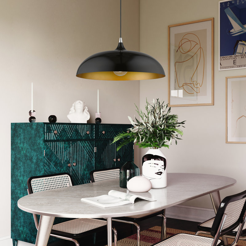 Harleigh Shaded Dome Pendant, Shiny Black/Polished Chrome, Shiny Black/Gold, 123" H x 23.75" W