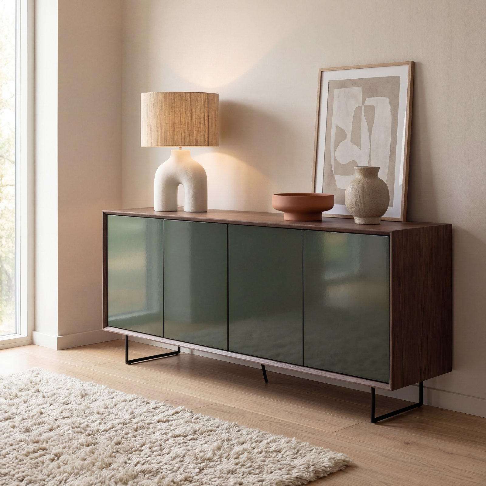 Quadrum Lacquered Buffet Damasco/Branco, Nogal/Floresta Green