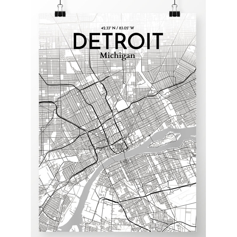 « détroit city map », reproduction d’impression sur affiche en tons, H 20 po x l 16 po