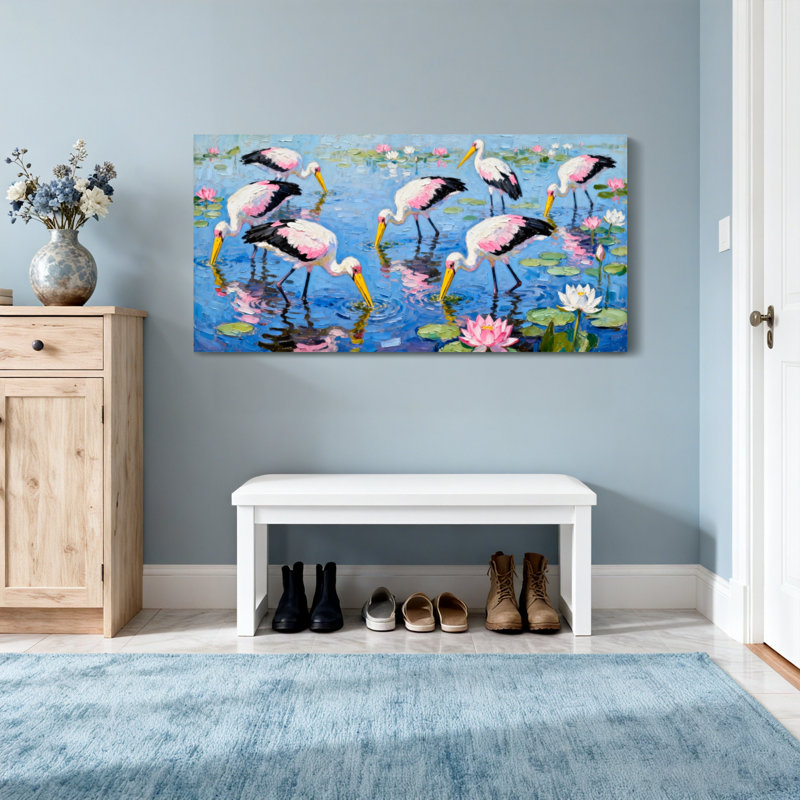 Animaux, oiseaux roses, nénuphars, reflets, ciel bleu, H 16 po x l 32 po