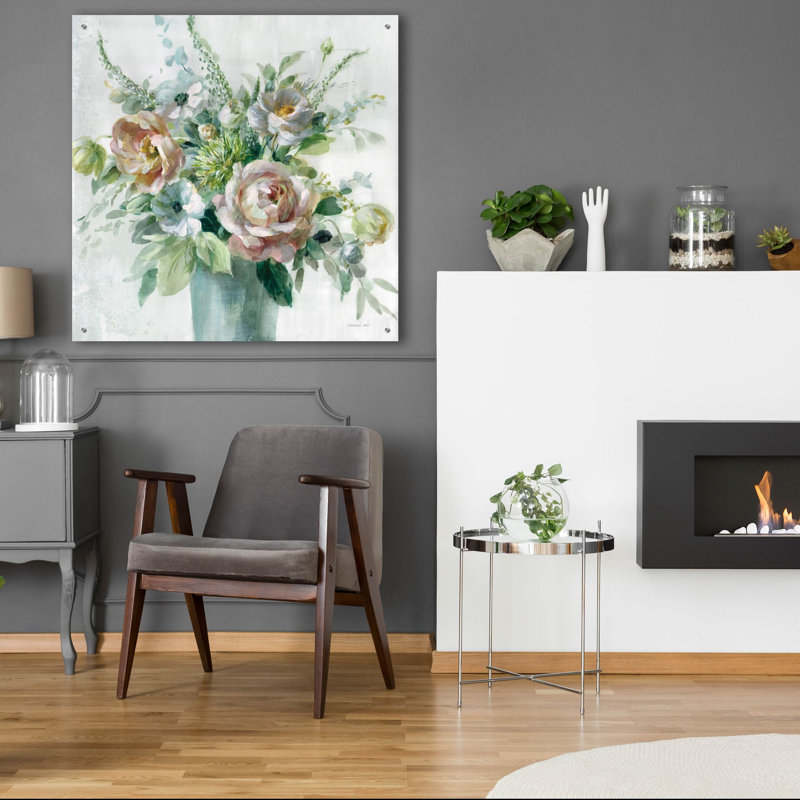 «Sage and Peach Flowers 1» par Danhui Nai, art mural en verre acrylique, H 36 po x l 36 po x P 0,2 po
