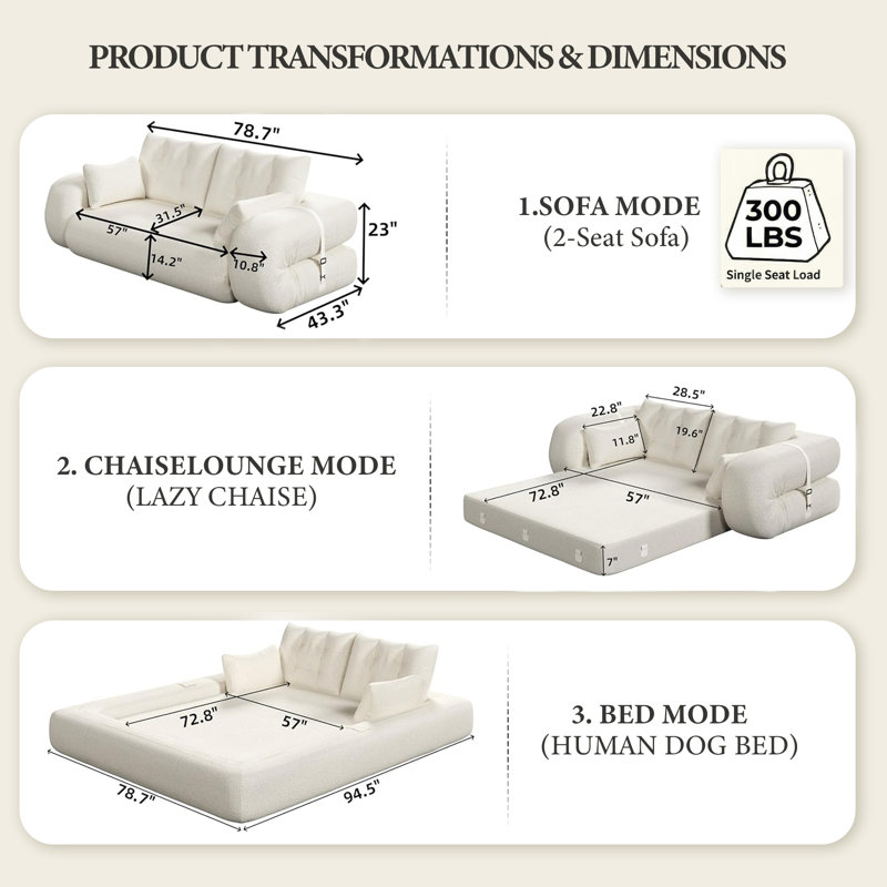 Canapé-lit de 78,7 pouces 3-en-1 en tissu Teddy, Blanc
