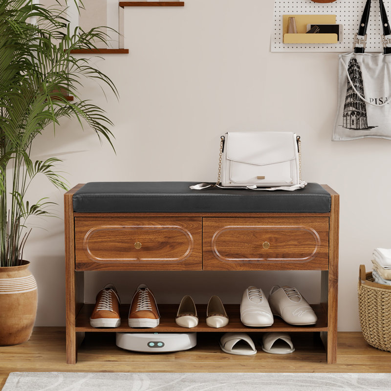 4 Pair Upholstered Shoe Storage Bench, Walnut
