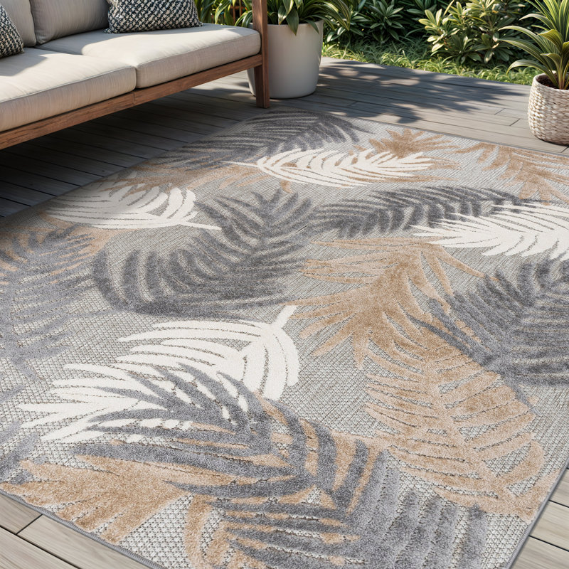 Hernandez Floral Beige/Gray/Brown Indoor & Outdoor Area Rug, Rectangle 5' x 7'