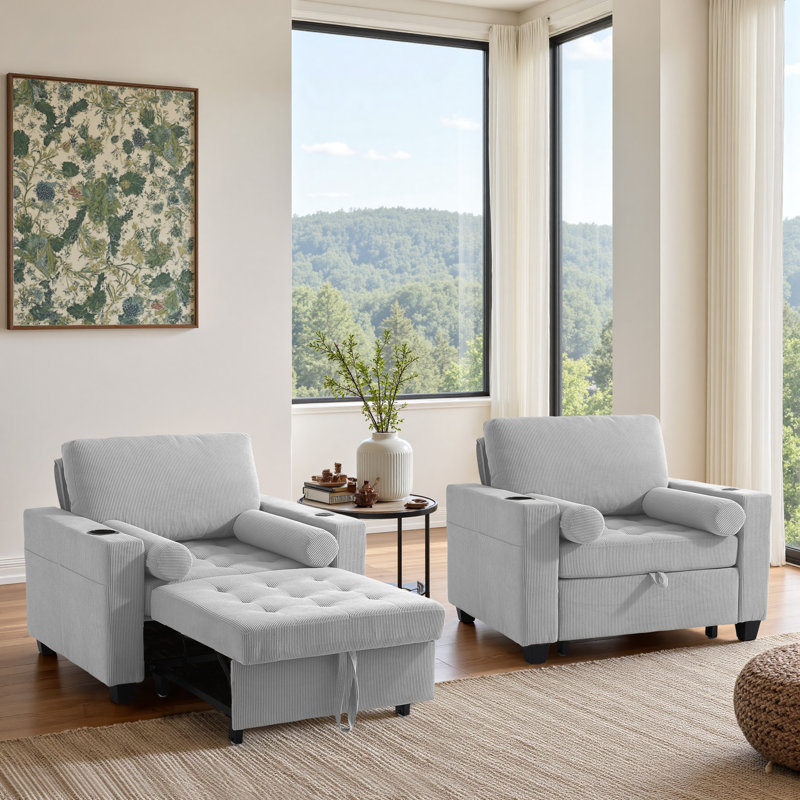 Canapé-lit convertible gris clair en velours côtelé capitonné 3-en-1 avec 2 coussins moelleux, prise USB et porte-gobelet