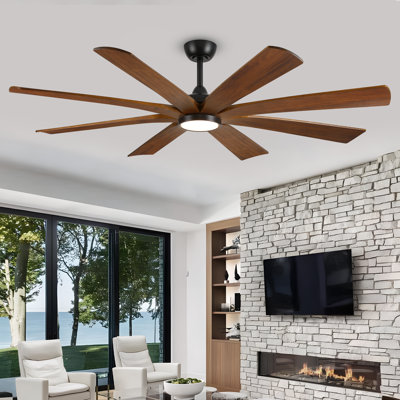 Ventilateur de plafond en bois massif avec 8 pales, moteur à courant continu réversible, application intelligente et télécommande, ventilateur intérieur / extérieur silencieux avec 3 tiges