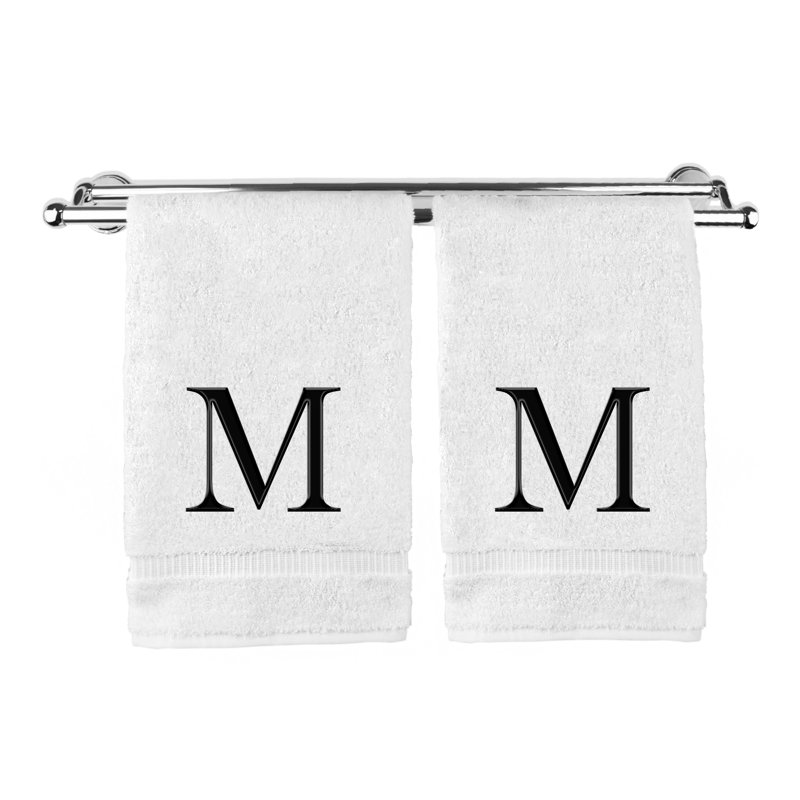 Essuie-mains monogrammés - ensemble de 2 - lettre bloc, M, Blanc / noir