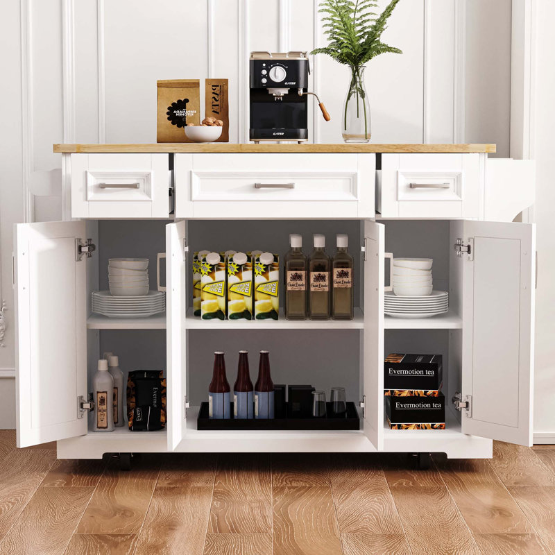 K&K 54Inch Large Kitchen Island With Rubber Wood Drop Leaf, Embossed Texture Rolling Kitchen Cart On 4 Wheels With 4 Doors And 3 Drawers, Kitchen Island With Storage For Kitchen, Dining Room,Black