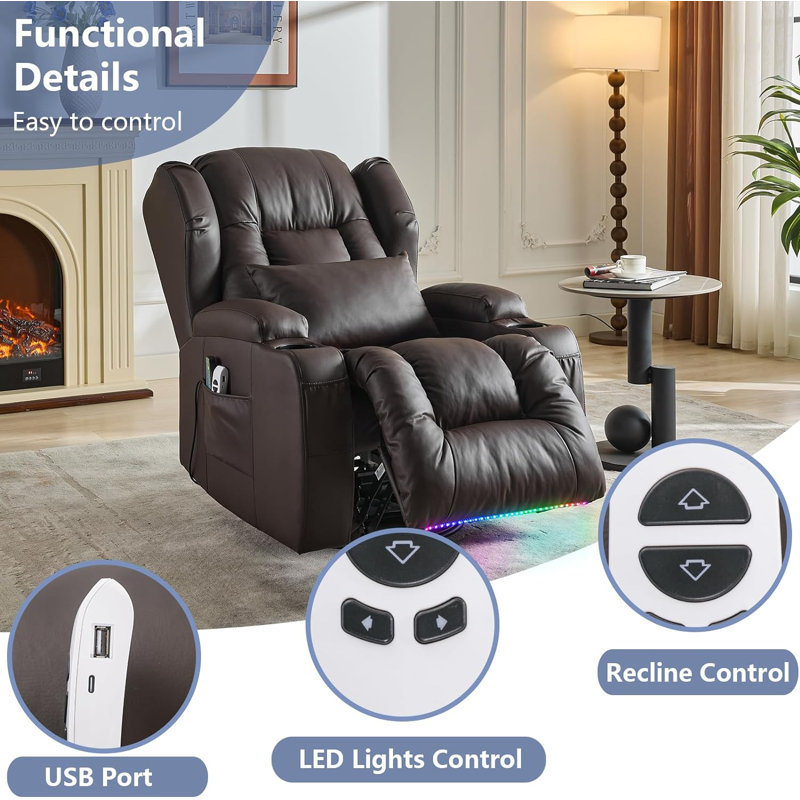 Brown Faux Leather Swivel Recliner with Massage and LED Lights