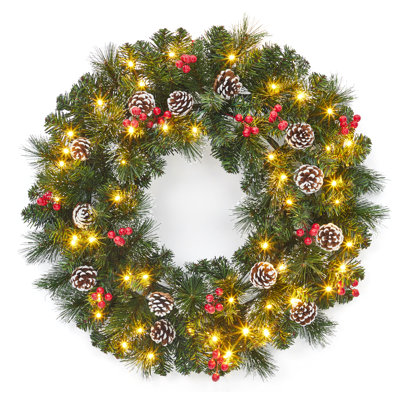 24 Inch Christmas Wreath for Front Door, Prelit Artificial Christmas Wreaths with 50 LED Lights