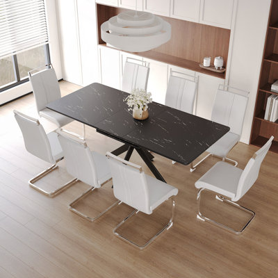 Ensemble de table de salle à manger extensible pour 6 à 8 personnes avec chaises en forme de C sans accoudoirs rembourrées, parfaites pour les réunions de famille et les invités