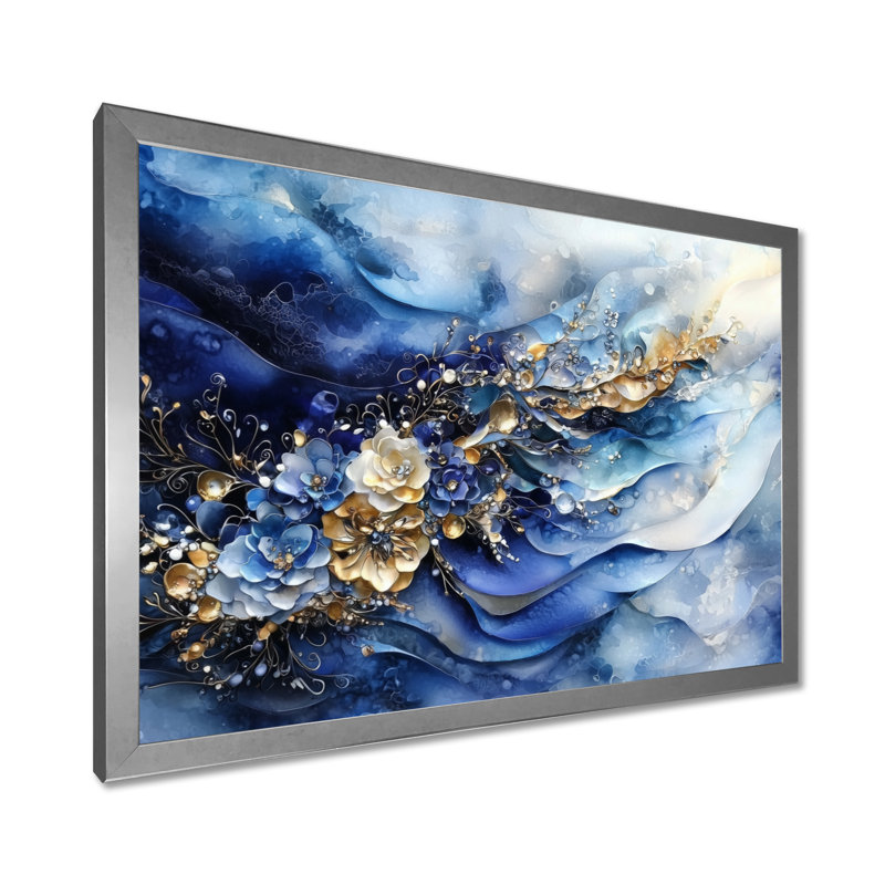 Abstrait bleu doré brise de mer - art mural côtier, H 12 po x l 20 po, Reproduction encadrée d'une seule photo sans pass