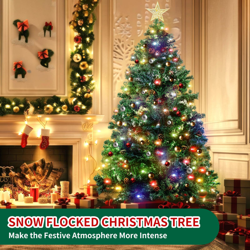 Sapin de Noël artificiel floqué préilluminé de 2 m (6,5 pi) avec 350 DEL multicolores, pommes de pin, 1 000 suggestions, 8 modes et étoile – Vert, taille unique
