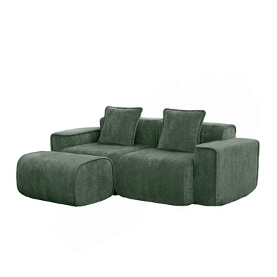 Canapé modulaire en L à 2 places avec passepoil à bordure française, sans assemblage requis, canapé à 2 places avec coussins décoratifs et 1 repose-pieds mobile, tissu de velours vert