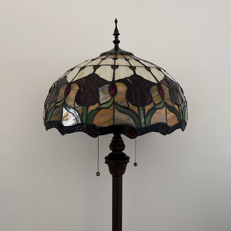 Shela Tiffany Floor Lamp Stained Glass Red Tulips Metal Base LED Bulbs Included 16"D*16"W*64"H