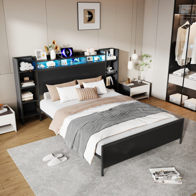 Queen Size Metal Platform Bed in Black - 88.39" L x 85.63" W x 47.24" H