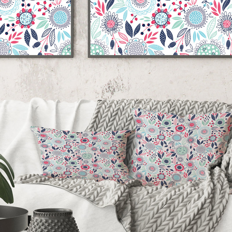 Coussin décoratif rétro à motif de fleurs roses et bleues, 18 po x 18 po