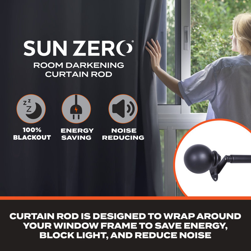 Sun Zero Philip Ball End Blackout Wrap Around Curtain Rod, Adjustable Length, 3/4" Dia. Steel Tube, 66" - 120"
