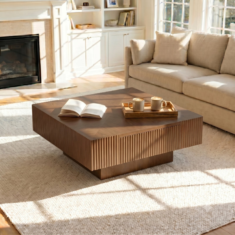 Table basse 31 po carrée moderne en bois massif brun avec tiroirs de rangement cachés à 2 voies, détails cannelés, parquet, table basse à grain de bois