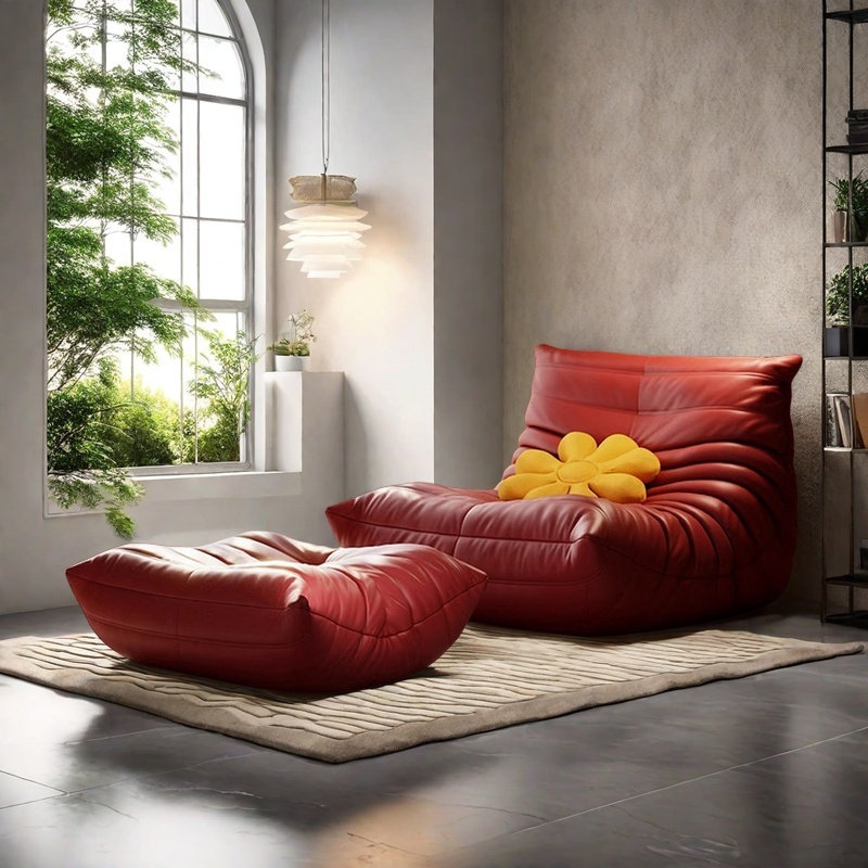 Canapé rétro rétro chenille, Cuir véritable rouge