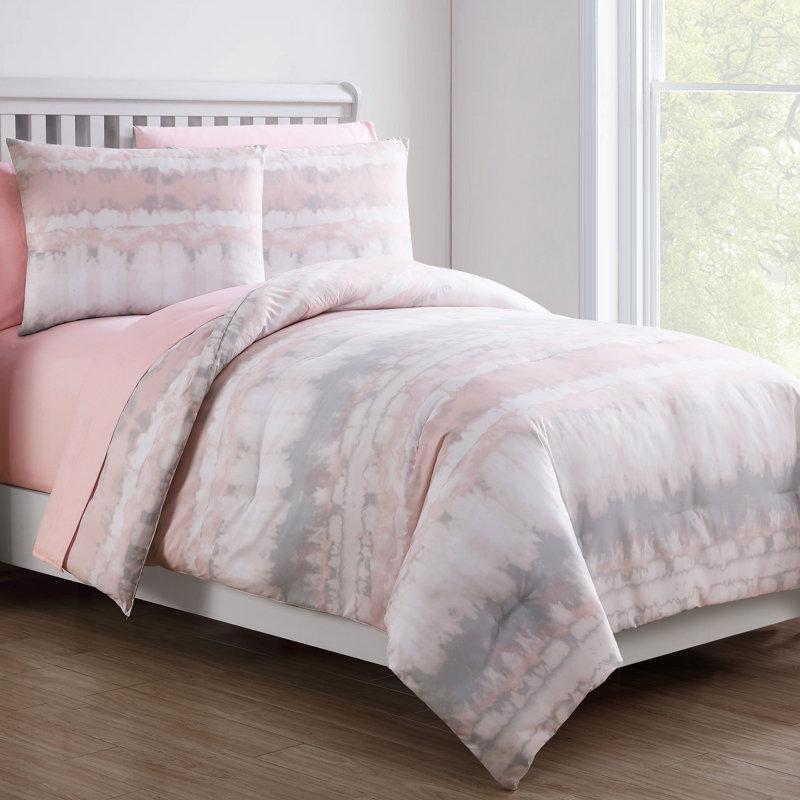 Ensemble d'édredon en microfibre moderne et contemporain rose 6 pièces Dmitri, Édredon double et 5 pièces supplémentaires