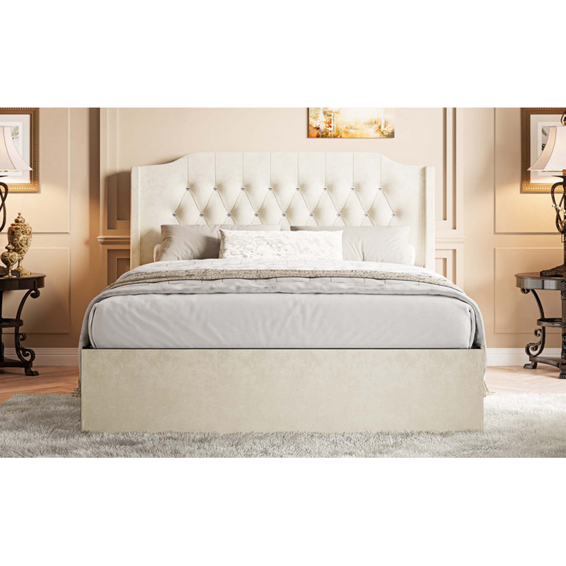 Cadre de lit tapissier grand capitonné avec accents en cristal, cadre de lit avec tête de lit à oreilles et espace de rangement sous le lit, aucun sommier nécessaire