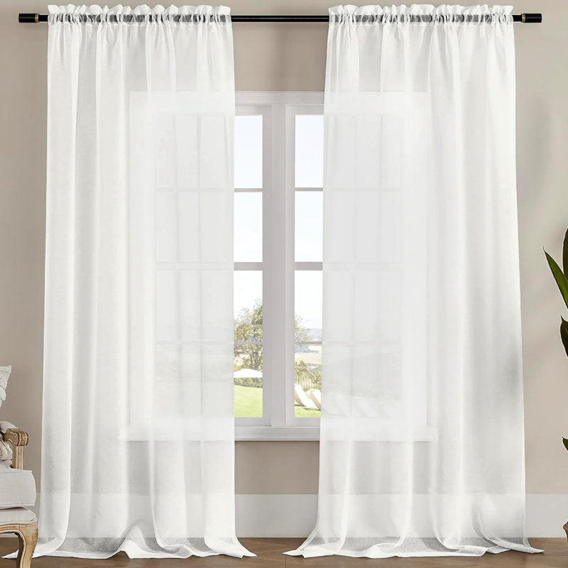 Sheer Window Rod Pocket Curtain Set - 63" Inches Long (2 Panels), White