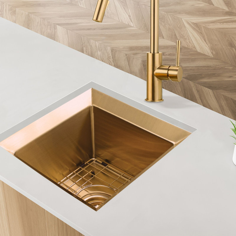 Transolid 15-in x 15-in x 9-in Undermount Stainless Kitchen/Bar Sink, SinkPocket, Grid, Strainer, Gold