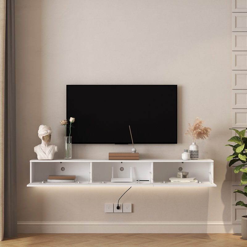 69" Wall Mounted TV For Tvs Up To 65'', Floating TV Stand With LED Lights & Power Outlet, White