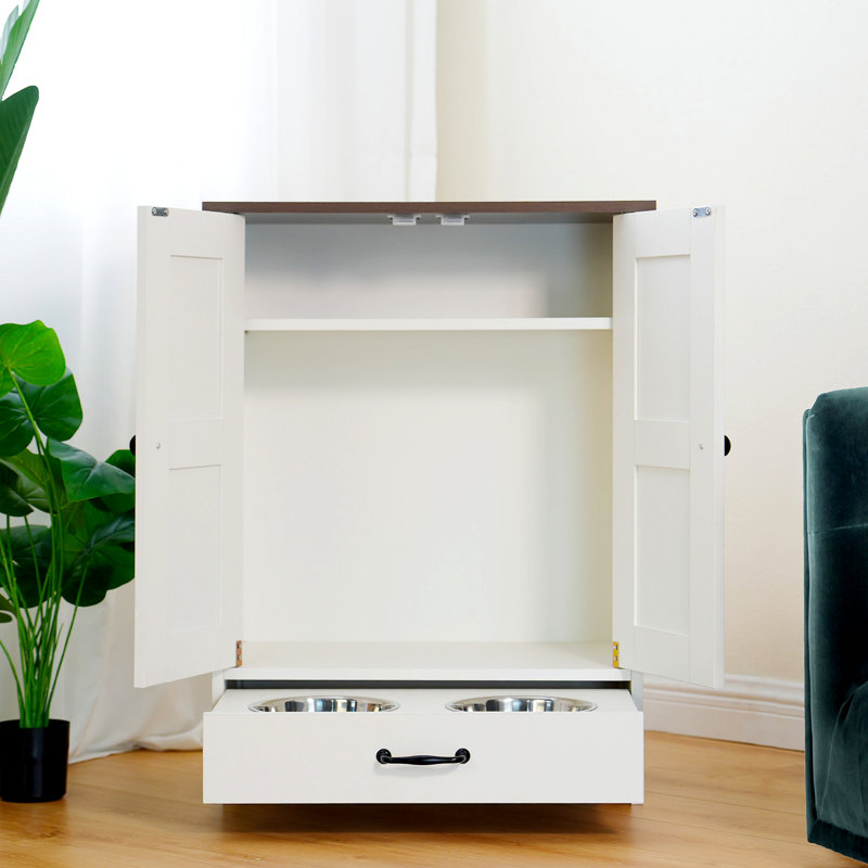 Station d'alimentation pour chien, armoire de rangement pour nourriture pour chien avec bols de chien cachés, panneau réglable, crochets, pour chiens de taille moyenne