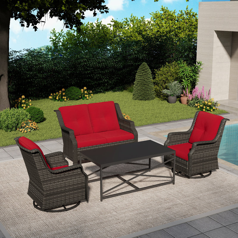 4-Person PE Wicker Outdoor Patio Set with Loveseat,Chairs,Black Coffee Table & Red Cushion, Red