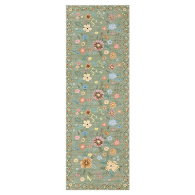2'x6' Boho Floral Washable Area Rug, Low Pile Non-Slip Indoor Decor Carpet for Living Room Bedroom, Green