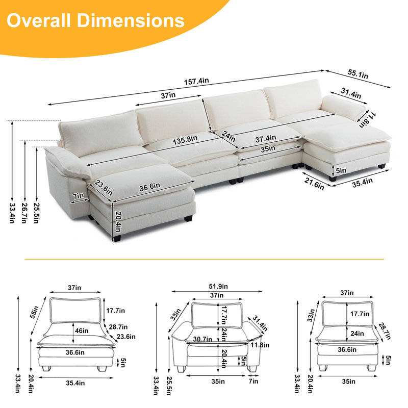 Latitude Run® 4-Seat Sectionals With 2 Ottoman, White Chenille